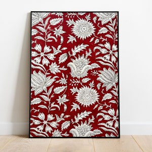 Arte com estampa floral vermelha em bloco, decoração de parede indiana contemporânea (download digital)