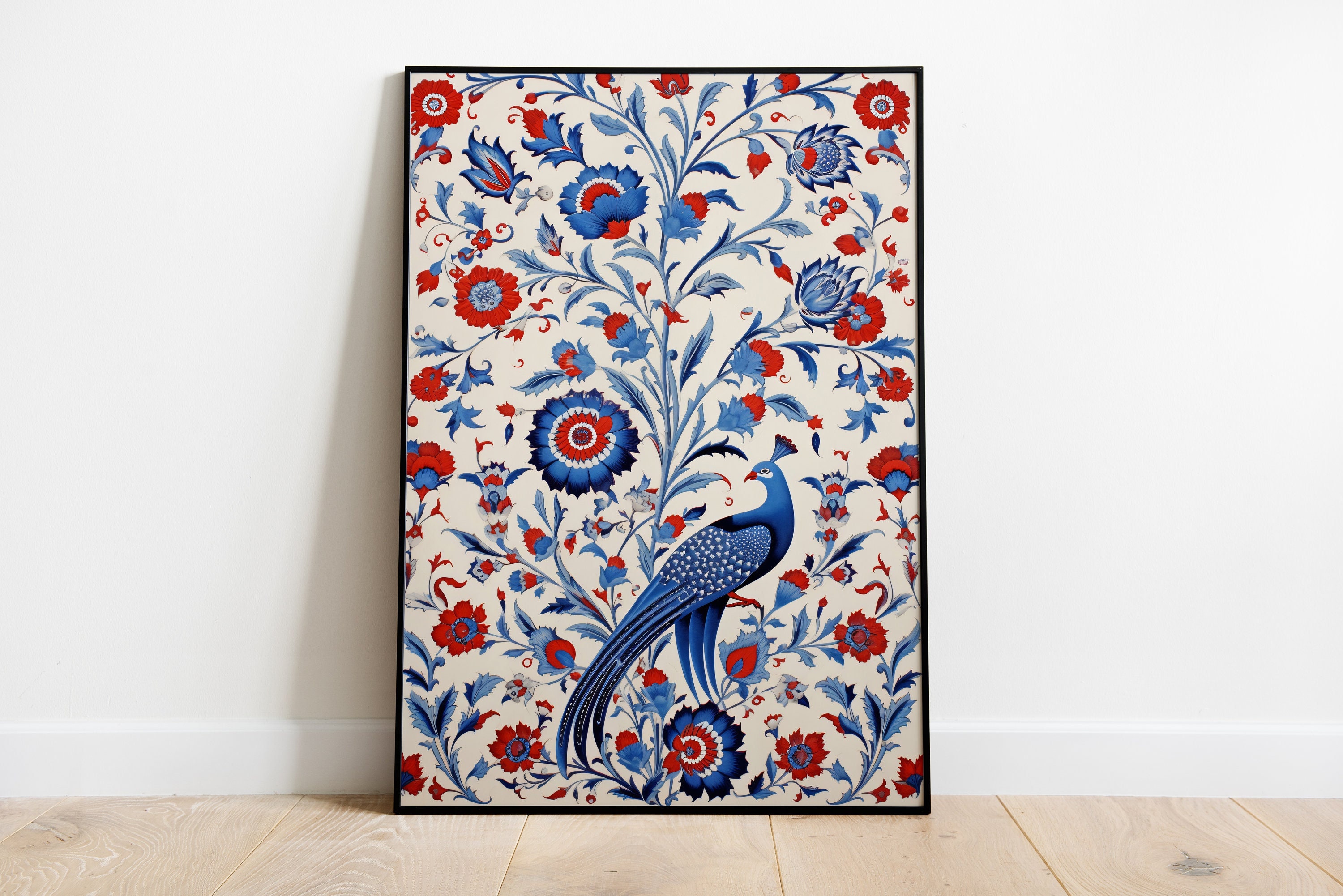 Turkish Vintage Art Poster, Tree of Life, Floral Print, Wall Decor, Gifts For Home, floral Abstract Painting, Birds Wall Art, Blue And White
