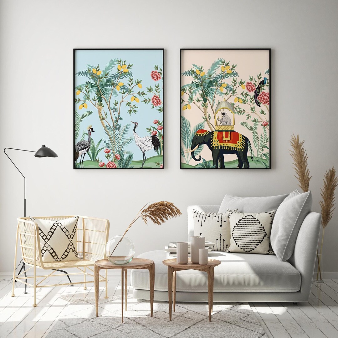 Indian Elephant Monkey Art Prints, Tropical Gallery Wall Set (digital ...