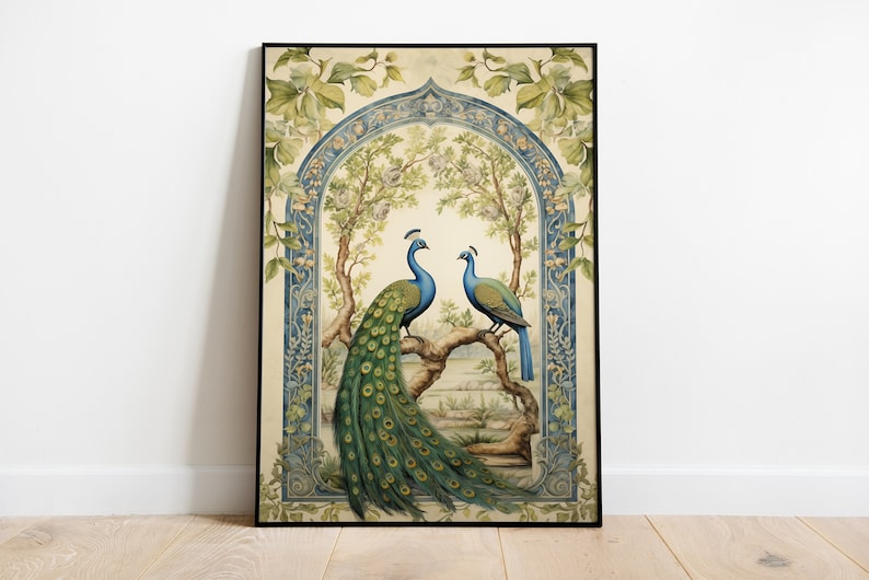 May include: A vintage illustration of two peacocks perched on a branch in a garden setting. The peacocks are surrounded by intricate floral designs and a blue archway. The illustration is done in a watercolor style with a muted color palette.
