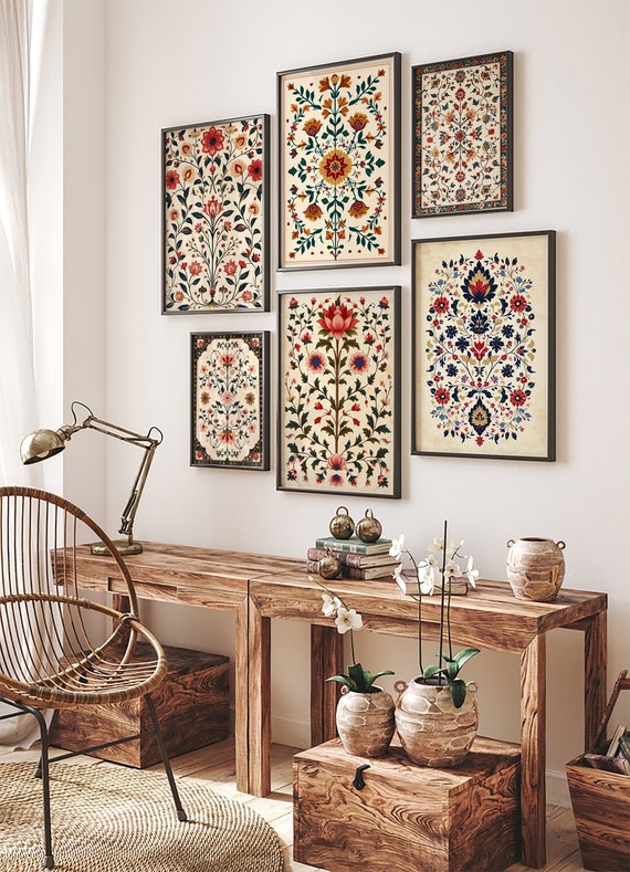 Indian Floral Art Prints, Bohemian Gallery Wall Set (digital