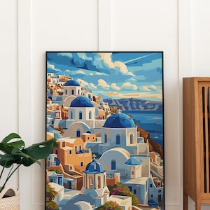 Greece Print Poster, Santorini Wall Art Printable, Greece Wall Art Print, Floral Greece Print, Greece Poster Printable, Greek Island Poster image 2