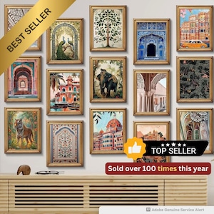 Indian Art Gallery Wall Set of 15 Prints, Living Room Decor, Poster Bundle, Ethnic Wall Art, Home Decoration