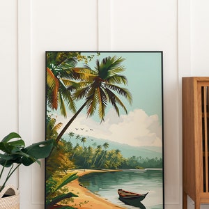 May include: A framed illustration of a tropical beach scene with palm trees, a small boat, and a sandy shore. The sky is blue with white clouds.