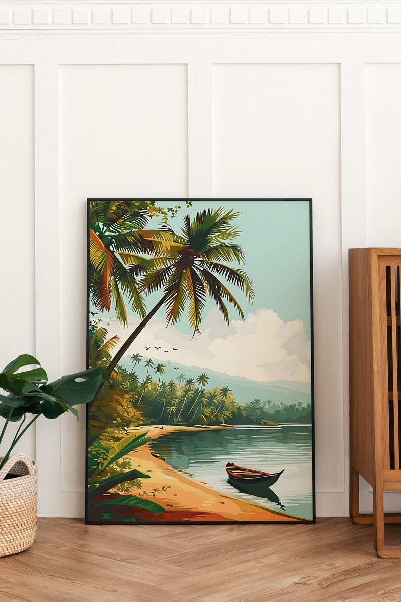 May include: A framed illustration of a tropical beach scene with palm trees, a small boat, and a sandy shore. The sky is blue with white clouds.