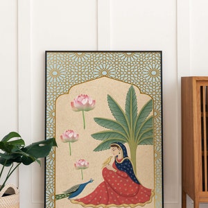 May include: A digital illustration of a woman in a red and blue dress sitting under a palm tree with a peacock and a bird. The background is a light blue and gold geometric pattern.