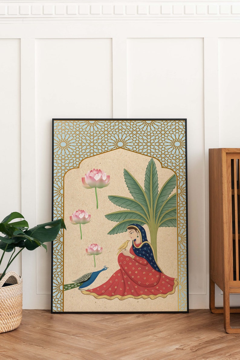 May include: A digital illustration of a woman in a red and blue dress sitting under a palm tree with a peacock and a bird. The background is a light blue and gold geometric pattern.
