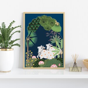 May include: A framed illustration of two white cows with orange spots walking through a lush green forest. The background is a deep blue color with a golden archway.