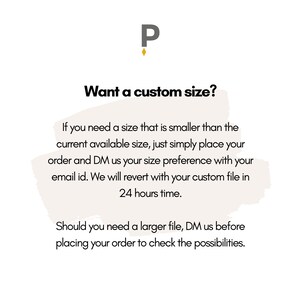 Pu&ograve; includere: Grafica di testo con la lettera "P" in oro. Il testo recita "Vuoi una dimensione personalizzata?" e fornisce istruzioni per ordinare dimensioni personalizzate. Se hai bisogno di una dimensione pi&ugrave; piccola di quella disponibile, effettua il tuo ordine e invia un messaggio diretto al venditore con la tua preferenza di dimensione e il tuo indirizzo email. Il venditore ti invier&agrave; un file personalizzato entro 24 ore. Se hai bisogno di una dimensione pi&ugrave; grande, invia un messaggio diretto al venditore prima di effettuare il tuo ordine per verificare le possibilit&agrave;.
