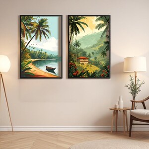 May include: Two framed landscape paintings of tropical scenes. The painting on the left shows a beach with a small boat in the water. The painting on the right shows a house in a lush green jungle.