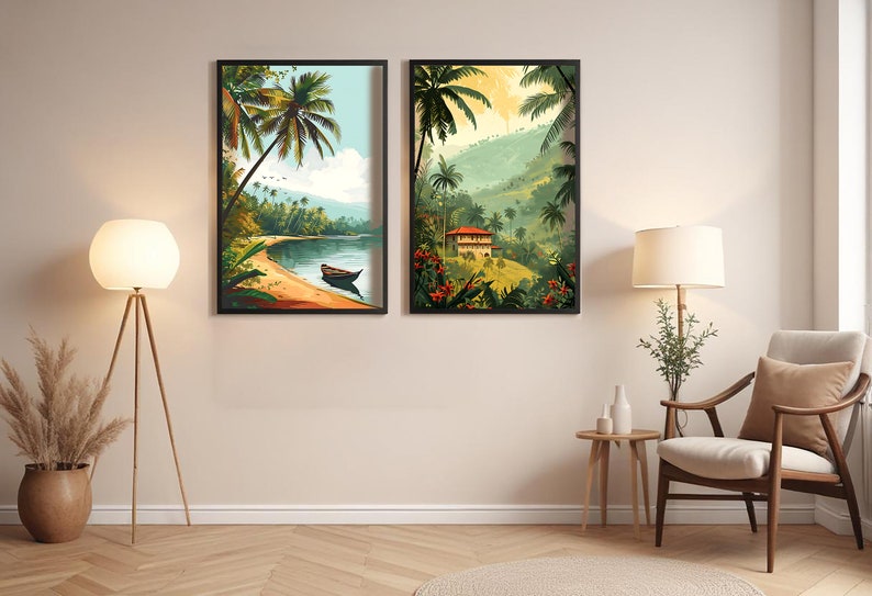May include: Two framed landscape paintings of tropical scenes. The painting on the left shows a beach with a small boat in the water. The painting on the right shows a house in a lush green jungle.