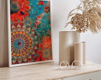 Tie Dye Mandala Wall Art – Orange Blue Bohemian Print (Digital Download)