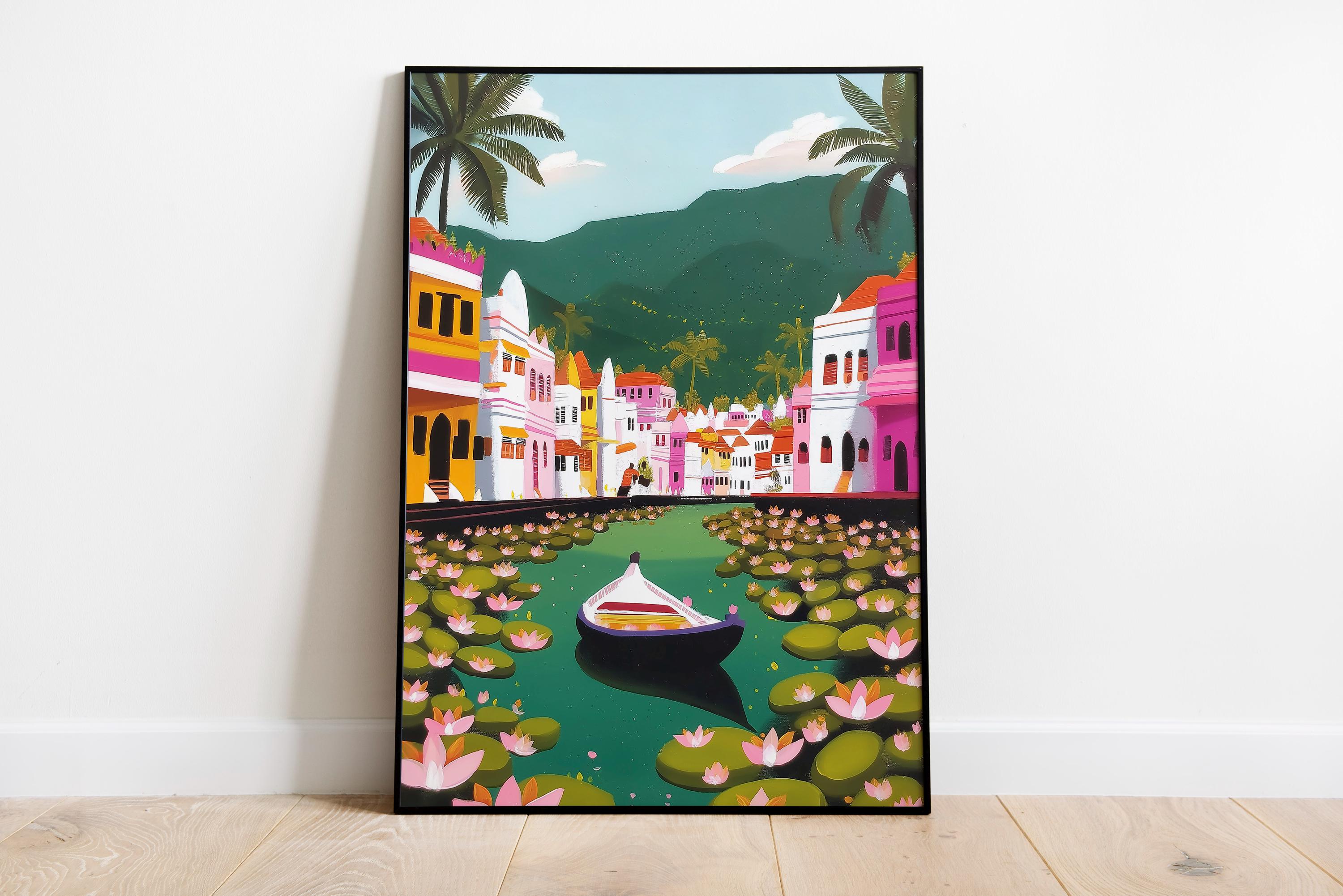 Kerala Back Waters with Boat Art, South India Travel Art, Kerala Lotus Wall Decor, Tropical Indian Art, Traditional Indian Living Room Decor