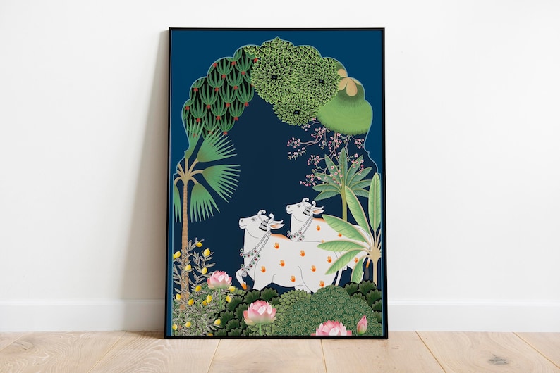 May include: A digital illustration of two white cows with orange spots and gold jewelry walking through a lush green forest. The forest is framed by a blue archway with a dark blue background.