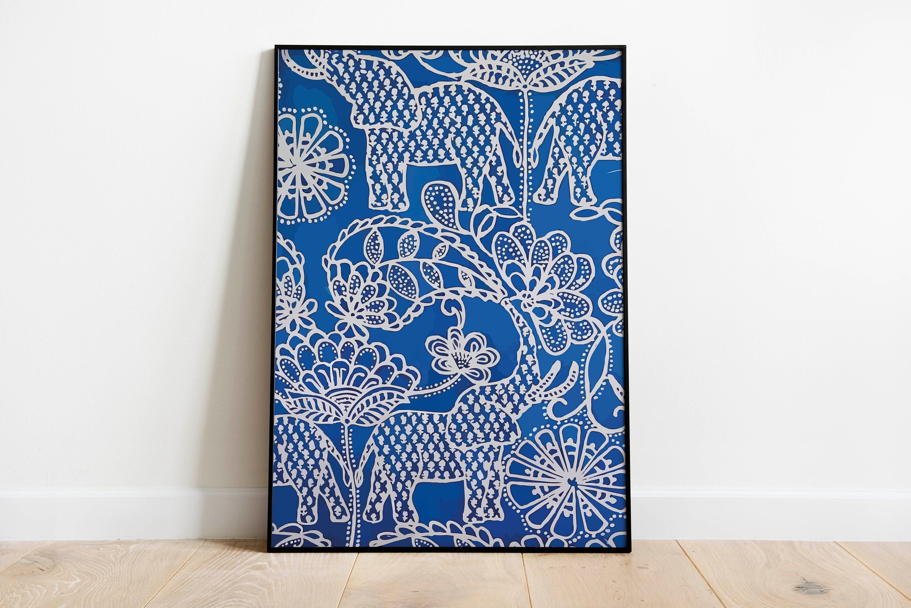Elephant Paisley Art, Tapestry Poster Prints, Blue Living Room decor, Printable, Bohemian  Painting