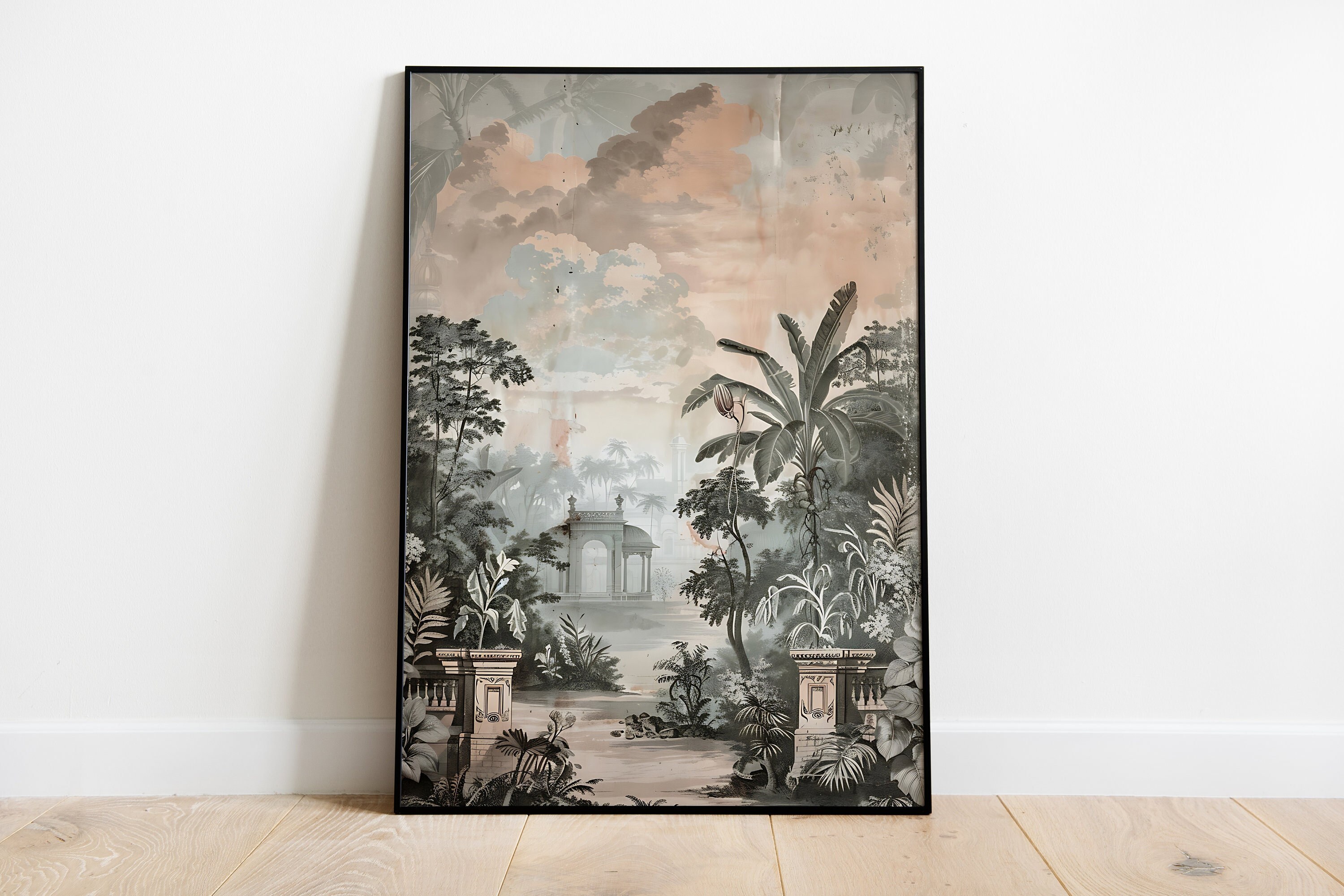 ヴィンテージ インド熱帯林アートプリント：遺跡の絵画（デジタル