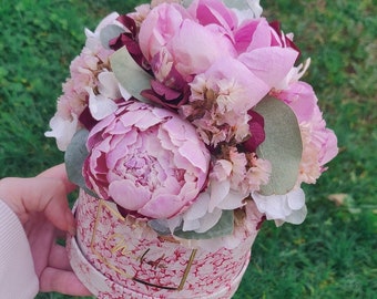 Eternal freeze-dried peony and eucalyptus hat box for interior or events weddings or gift