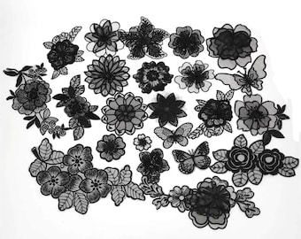 Black Flower Embroidered Patch Skirt Bride Floral White Wedding Dress Applique