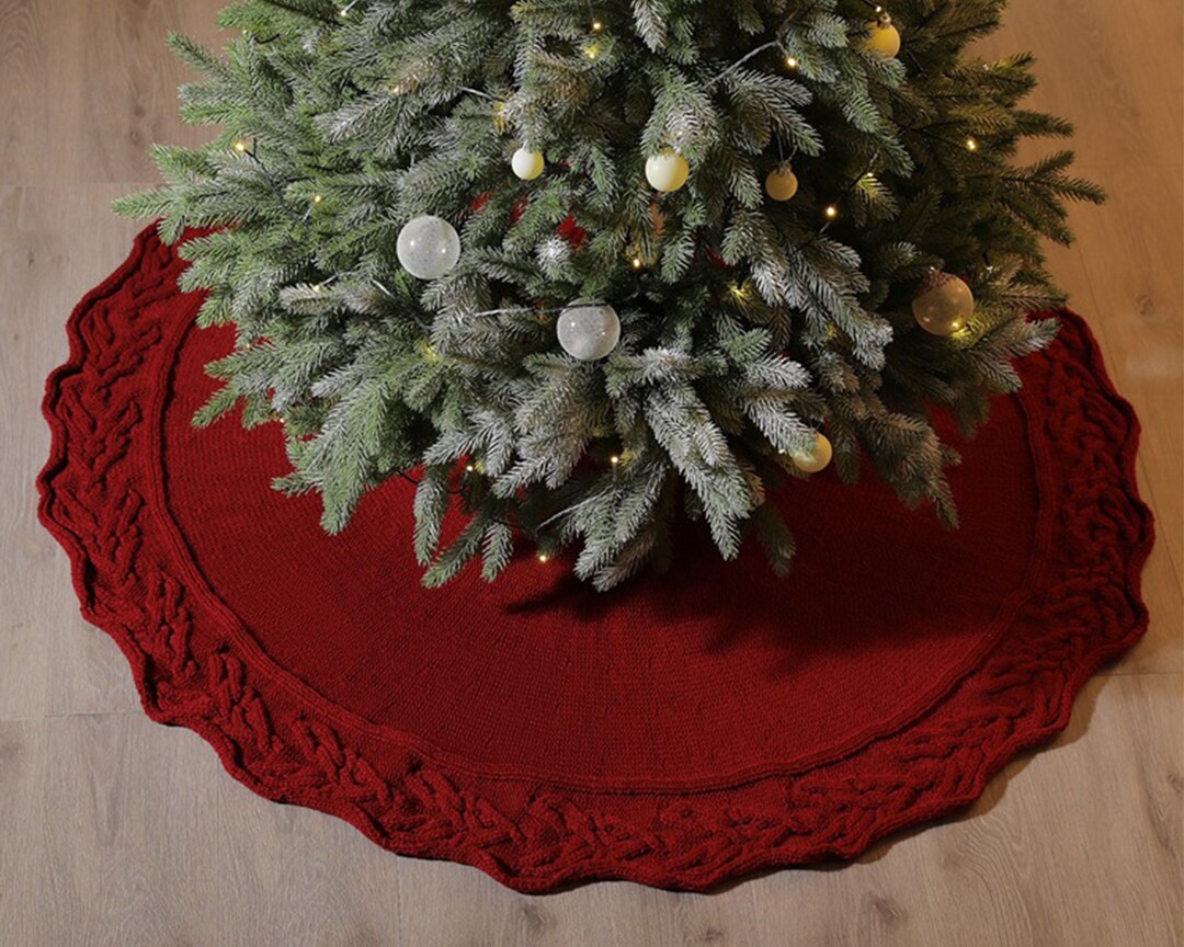 Large Burgundy Knitted Christmas Tree Skirt 48 Inch Luxury Cable Knit Knitted Thick Rustic Xmas
