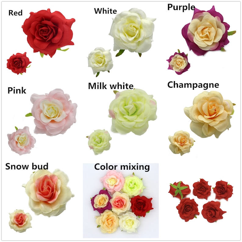 90-95mm3.5\u201d,7 Colors 50pcs Artificial big Rose Bud Silk Flower Heads For Clips Bridal Wedding Party Home Decor Bouquet