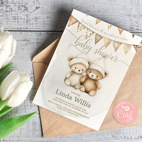 Twin Baby Shower Printable Invitation. Teddy Bears Watercolor Design to Edit and Print. Customizable DIY Invite suitable for all genders.