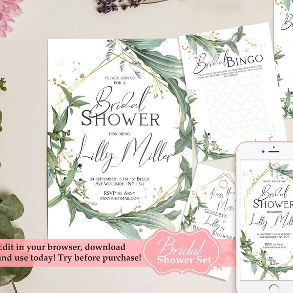 Editable Bridal Shower Template Set. Electronic and Printable Invitations, Bridal Shower Games and Facebook Event Cover. Favor Tag. GS9