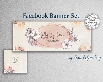 EDITABLE Facebook Banner Set. Facebook Cover Template and Profile Image with Flowers and Logo type Font in Vintage Style. VI2