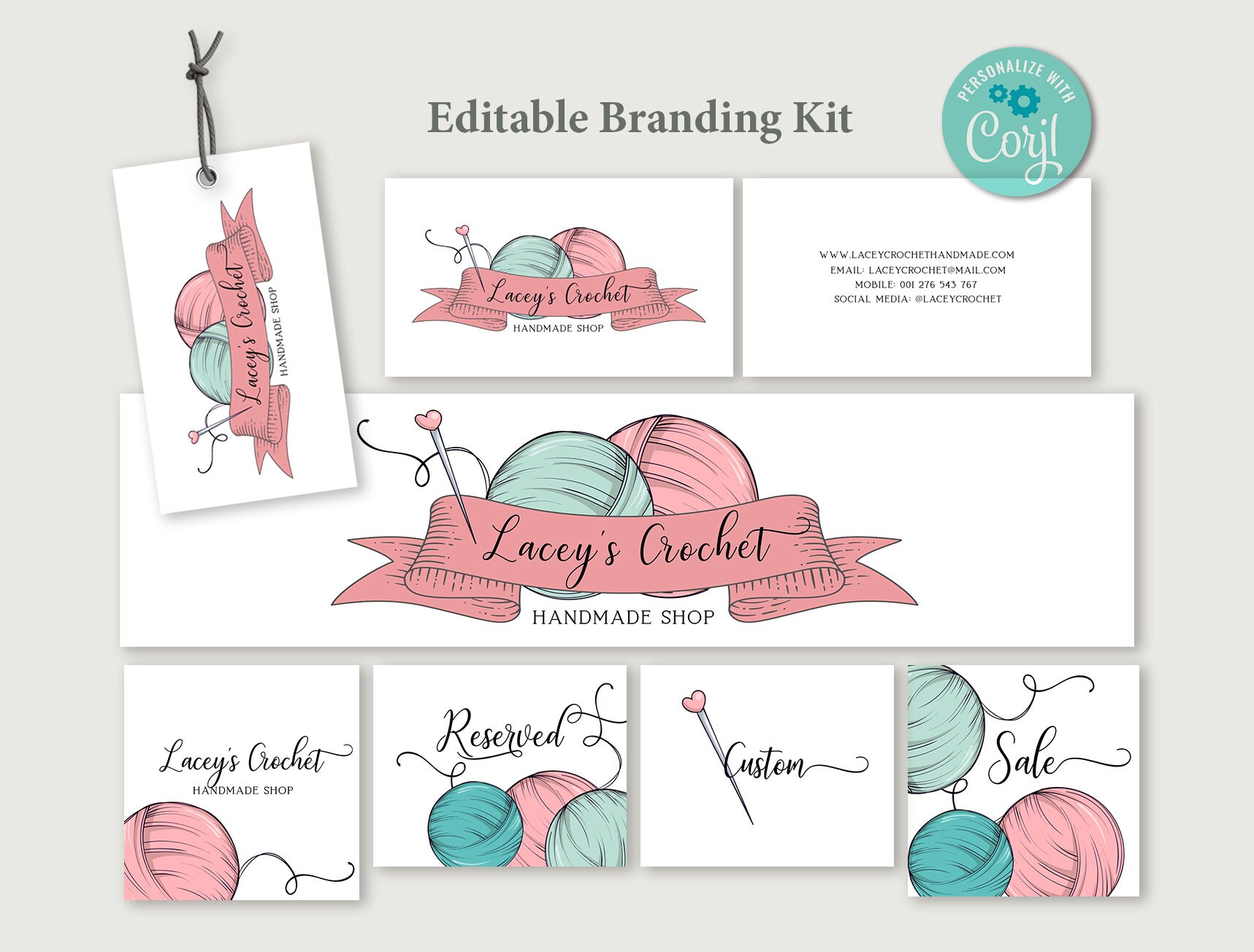 Knitting and Crochet Logo Branding Kit Editable Etsy Shop Set, Business