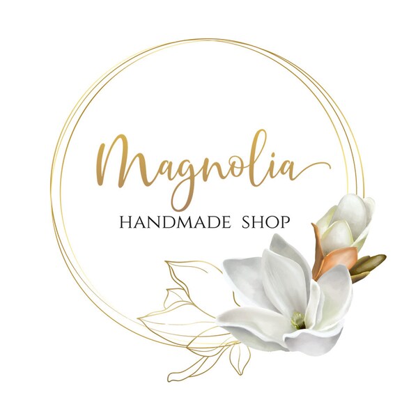 Editable White and Gold Magnolia Logo Template with Custom DIY Text. Pre-made Logo with Flowers, Golden Circles and Calligraphy Lettering.