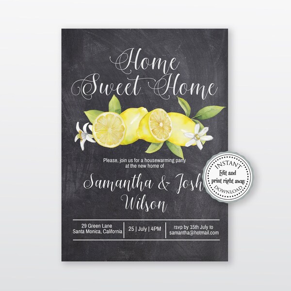 EDITABLE Housewarming Party Invitation with Lemons and Chalkboard Background. Retro, Rustic Looking Invite with or without Back Side.