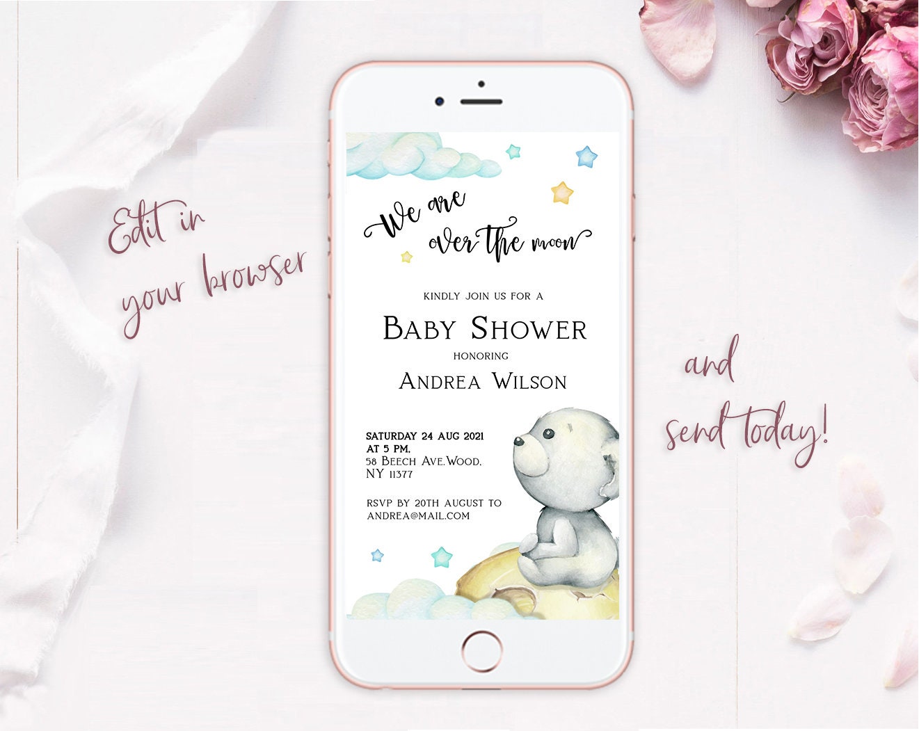 Baby Shower Save the Date Evite Template. Over the Moon Bear & Stars