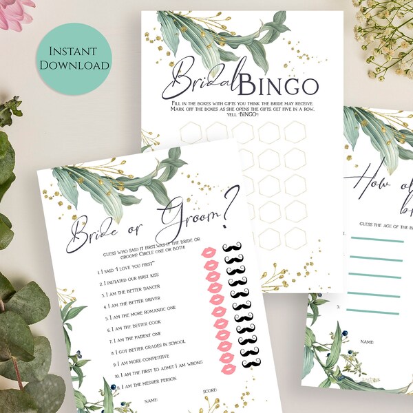 Bridal Shower Game Set. Bride or groom guess who said it first, Bridal Bingo & How Old was the Bride -to-be. Instant Download Files GS9