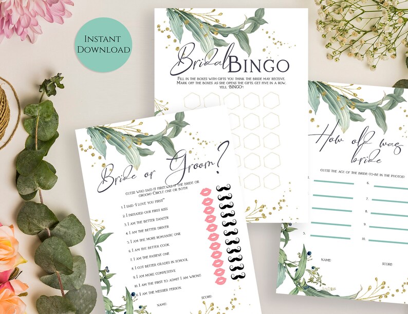 Bridal Shower Game Set. Bride or groom guess who said it first, Bridal Bingo & How Old was the Bride to-be. Instant Download Files GS9 image 1