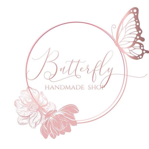 Editable Butterfly and Flowers Logo with Custom DIY Text. Pre-made Logo Template in pink and Rose gold. Roses, Magnolia, Gold. BF3