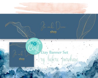 Set of two Editable templates for Etsy. Etsy header banner and square profile images with golden font and leaves. GO1