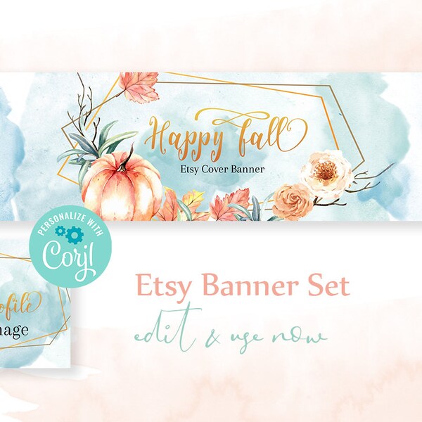 Editable Fall Etsy Shop Set with Pumpkin, Flowers and Golden Frame. Editable Banner Kit Suitable for Autumn and Halloween. FALL