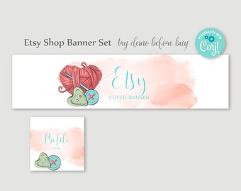 Editable Etsy Shop Brand Kit Knitting and Crochet Name with Logo Type Font. Banner Templates - Cover Banner & Shop Icon.