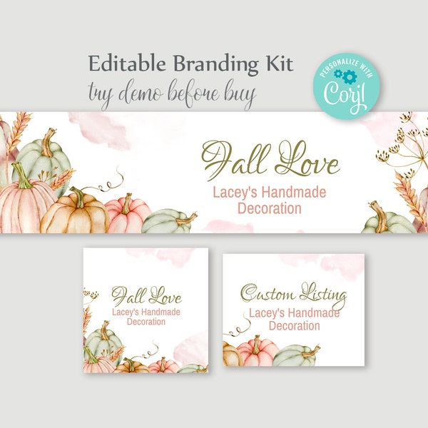 Editable Fall Etsy Shop Set with Watercolor Pumpkins. Custom DIY Banner Kit Suitable for Autumn and Halloween.