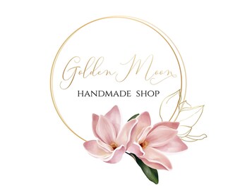 Logo magnolia rose et or modifiable avec texte DIY personnalisé. Logo préfabriqué avec fleurs, cercles dorés et calligraphie.