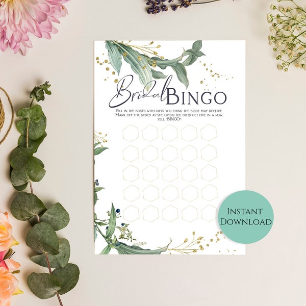 Bridal Bingo - Bridal shower game. Instant Download Printable PDF. Watercolor greenery and Golden frame. GS9