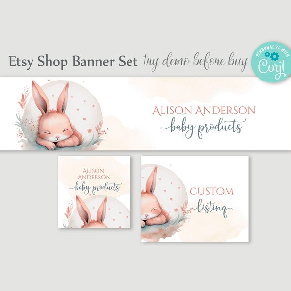 Bearbeitbares Bunny Etsy Shop Banner Set. Baby Produkte Etsy Page Branding Kit mit Cover Banner, Shop-Symbol und benutzerdefiniertem Eintrag. Anpassbarer Text.