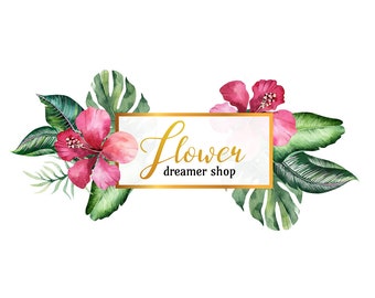 Editable Plumeria Flower and Greenery Golden Logo with Custom DIY Text. Pre-made Template Calligraphy Lettering, Gold and Tropical Foliage.