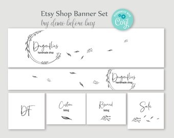 Etsy Shop Banner Set. Editable Templates with Graphic Flower Logo. DIY Etsy branding kit with Simple and Modern Design, Black and White. BW7