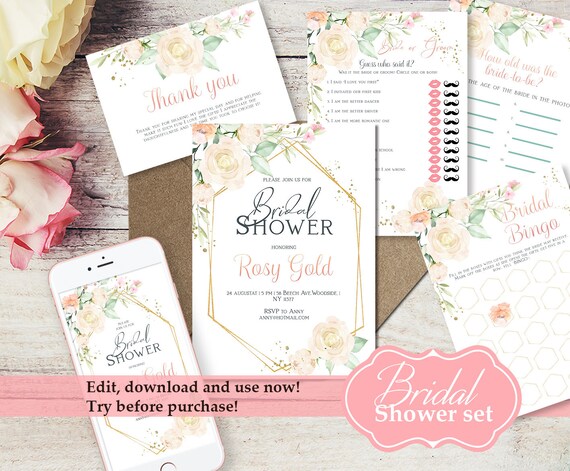 Bridal Shower Invitation Printable Bundle. 6 in 1 Editable | Etsy