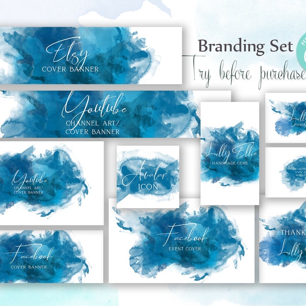 Editable Branding Kit with Business and Thank You Cards, Favor Tag, Etsy Shop Set, Cover banners for Facebook, YouTube Channel art. BL7