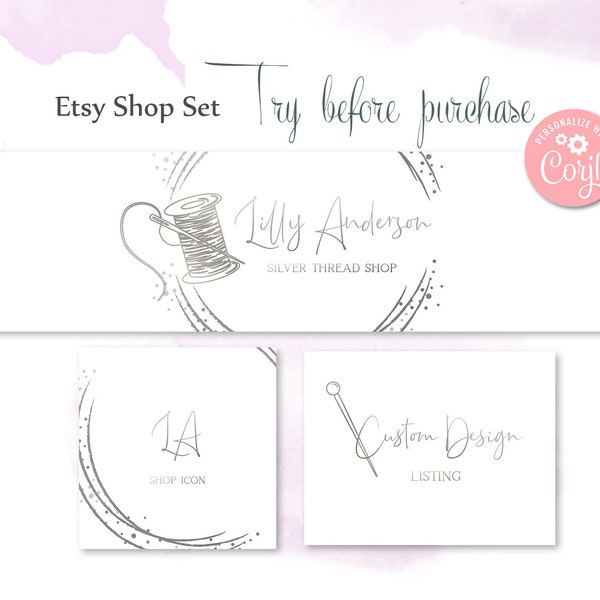 Etsy Shop Banner Set. Editable Branding Kit with Sewing and Design Silver Logo. Clothing and Accessories Custom Shop Brand in Silver.