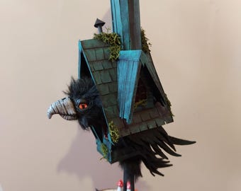 Baba Yaga witches hut with crow art doll