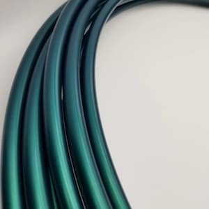 Puede incluir: Primer plano de varios aros metálicos de color verde azulado. Los aros están apilados uno encima del otro, creando un patrón circular.