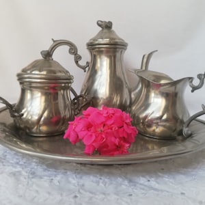 Antique vintage serving tray, teapot, milk jug and sugar bowl,