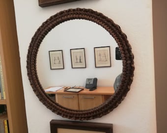 Old wall mirror with wicker as a frame, Round mirror in boho style, Handmade rustic wall mirror